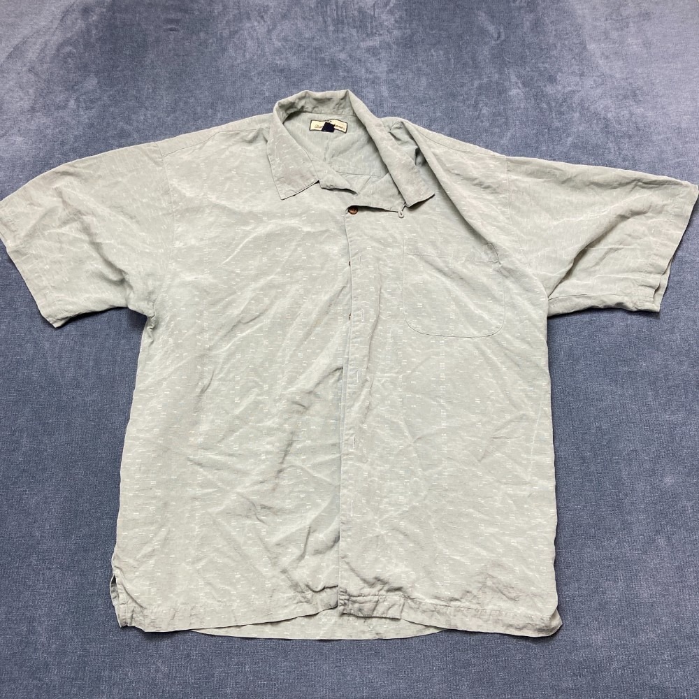 Tommy Bahama Hawaiian Shirt Mens XL Gray Camp Collar Side Slit Summer Beach